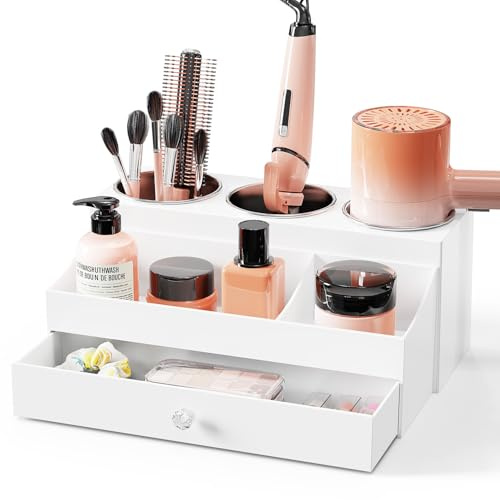 BYUNER Hair Tools Organiser, White Hairdryer Holder with Drawer, Acrylic Hair Dryer Holder for Dressing Table, Bathroom Counter Hair Dryer and Straightener Holder for Vanity Caddy, Makeup, Toiletries