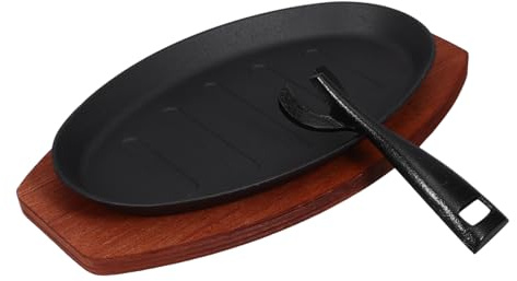 LIGIGWASH Plancha De Hierro Fundido Sartén Para Fajitas De Hierro Fundido Teppanyaki Grillplatte Sartén De Bistec Placa De Bistec Parrilla De Estufa Negro De Madera