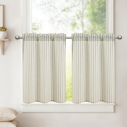 DWCN Kitchen Curtains 24 Inch Drop, W26 x L24, Green Stripes, 2 Panels | Linen Short Cafe Curtain Valance for Sink, Basement, Half Window, Small Window Curtains