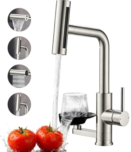 KAIYING Kitchen Mixer Tap with Glass Washer, 4 Spray Modes High Pressure Pull Out 1 Hole Kitchen Sink Taps with Glass Rinser, Stainless Steel Single Handle Tap for Kitchen, Bar, RV (Brushed Nickel)