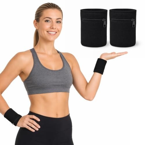 Bandeau Poignet de Sport avec Poche Zippée, 2PCS Bracelet Éponge Absorbant pour Clés et Monnaie, Protection Poignet Élastique pour Tennis, Fitness, Course, Gym et Basketball