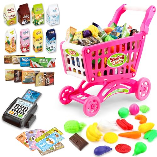 deAO Caddy de Course Comprenant 48 Produits d'épicerie, Fruits, légumes, Accessoires de Magasin Jouet (Rose)