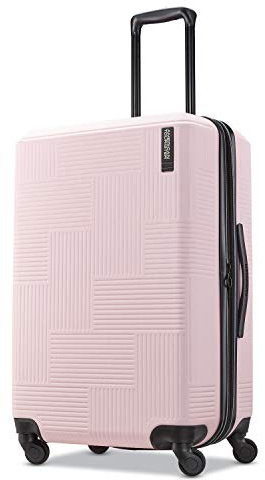 American Tourister Stratum XLT Expandable Hardside Luggage with Spinner Wheels, Pink Blush, Checked-Medium 24-Inch