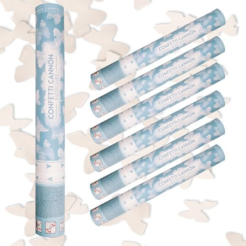 Lage 6 Spara Coriandoli a Farfalle Bianche, Tubo Cannone Sparacoriandoli per Battesimo Nascita, Comunione, Fidanzamento, Matrimonio, Compleanno, Confetti Cannon (set da 6)