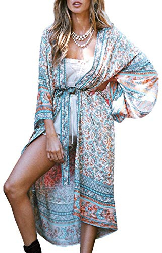 YOUKD Cardigan in Cotone da Donna Kimono Lungo Boemo Costume da Bagno da Spiaggia Coprire Il Vestito Abito Taglie Forti