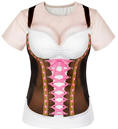 COSAVOROCK Déguisement Oktoberfest Bavarois Dirndl T-Shirts pour Femme Rose M
