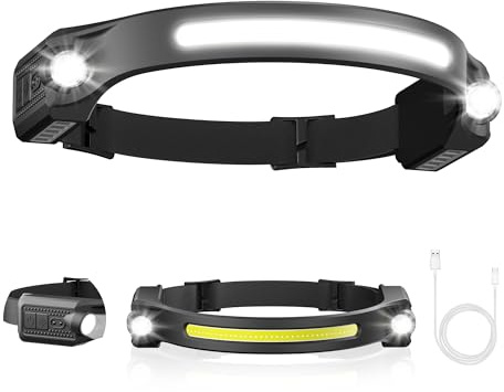 AlpsWolf Torcia frontale a LED, ricaricabile, 2 XPE e COB LED per adulti, modalità sensore, fascio largo 260°, impermeabile IPX4, accessorio da campeggio (1 pezzo)