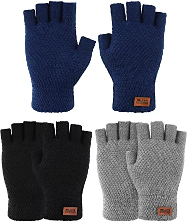 SATINIOR 3 Paar Herren Fingerlose Handschuhe Strickhandschuhe, Mehrfarbig (Schwarz, Marineblau, Hellgrau, Stilvoller Stil)