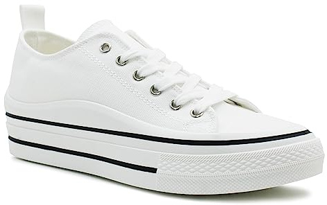 Womens Lace Up Platform Sole Canvas Baseball Sneakers Ladies Chunky Retro Flat Low Top Fashion Trainers Pumps (White, UK Footwear Size System, Adult, Women, Numeric, Medium, 5)