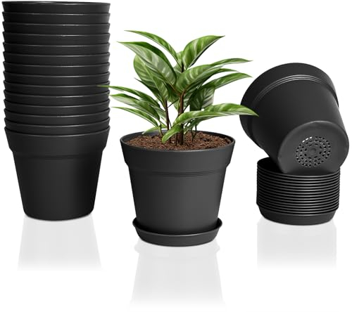 FORAGIFT 15cm Plant Pots, 16 Pack Plastic Herb Pot with Drainage Hole and Tray, Seed Seedling Pots Flower Nursery Pots for Vegetables, Flowers, Cactus, Cuttings, Succulent, Black