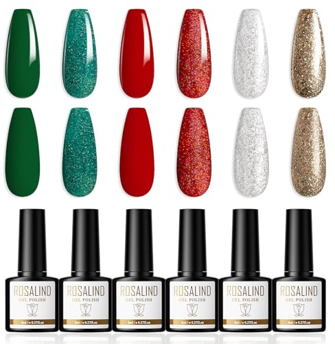 ROSALIND Smalto Semipermanente Unghie 6 Colori Smalti Semipermanenti per Unghie Rosso Verde Bianco Oro Glitter Gel Nail Polish Soak Off UV/LED Nail Art Natalizie fai da te, 8ml