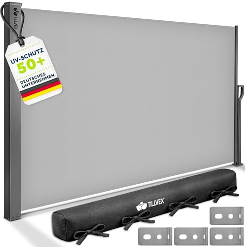 tillvex® Toldo Lateral 160 x 400 cm Extensible y Opaco con Cubierta | Protección Visual para balcón, jardín y terraza | Estor Lateral con Soporte de Pared | Protección Solar de Acero Inoxidable