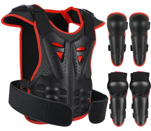 JUSTDOLIFE Motorrad-Schutzausrüstung für Kinder, 5 Stück 2024 Neues Modell Atmungsaktiv Kreativ Ausrüstung für Motocross Kinder für Jedes Terrain Radfahren Skifahren Skaten (Schwarz-Rot)