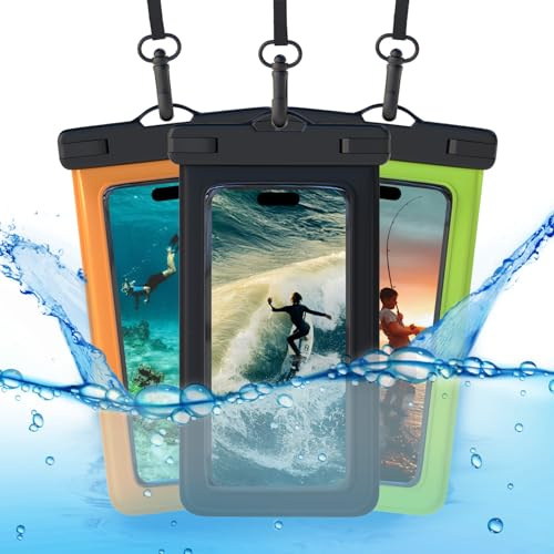 MMOBIEL Funda Impermeable Móvil [Pack de 3] – Funda hasta 7 Inches para iPhone 17 16 15 14 Pro Max, Samsung Galaxy S26 S25 S24 Series -Bolsa Estanca Móvil con Cordón, Brazalete - Negro, Verde, Naranja