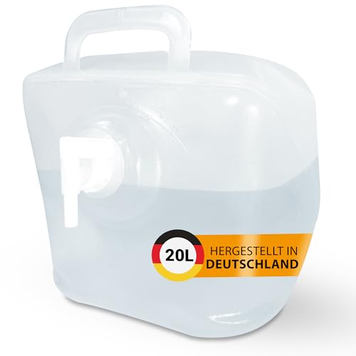 ration1.de Wasserkanister 20L faltbar mit Hahn, Wasserbehälter, Faltkanister, Faltbarer Trinkwasserkanister mit Verschlusskappe Dosierhahn Tragegriff, für Camping, Outdoor, Festival oder Survival Kit