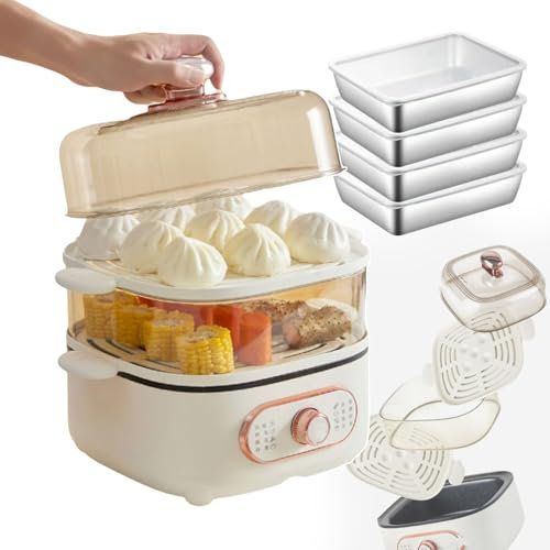 forplubossmmp Cuiseur Vapeur Électrique De 10,5 L avec 4 Compartiments, Marmite Électrique Et Chauffe-Plats avec Revêtement Antiadhésif, Cuiseur Vapeur À 2 Niveaux pour 2 À 3 Personnes, Ragoûts