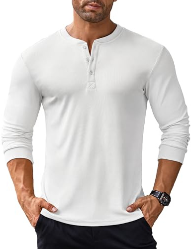 COOFANDY långärmade tröjor för herr Henley-skjorta långärmad t-shirt med knappslå långärmad tröja Henley-tröja ribbad, Vit, XXL