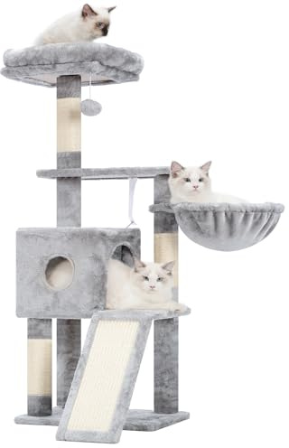 Hey-brother Árbol rascador para gatos, 108 cm, para interiores, varios pisos para gatitos, con columnas para rascar, rampa, cesta, espacioso agujero para gatos y juguete con pompón colgante, gris