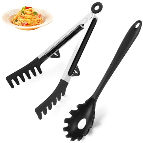 HEBEILF Ensemble cuillère à spaghetti et pince à pâtes en silicone amélioré – Fourchette à pâtes robuste avec dents, cuillère à nouilles et pince multifonction pour cuisiner et servir