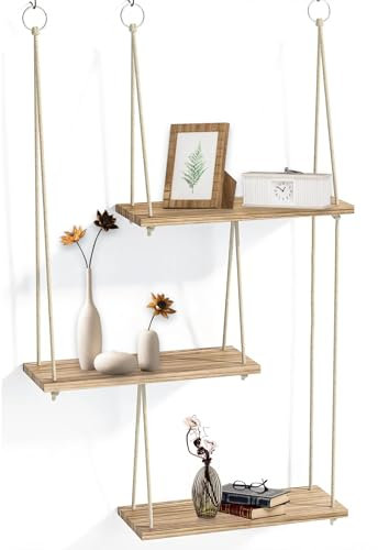 JSUOEO Estantes colgantes para pared, estante flotante de madera bohemio de 3 niveles, decoración de pared, colgador de plantas pequeñas con cuerda para dormitorio, sala de estar, cocina, guardería