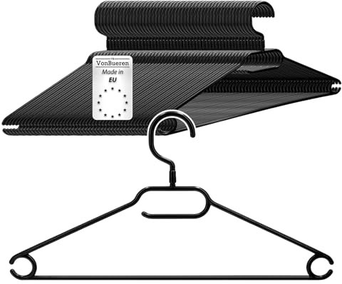 50 x Kleiderbügel schwarz aus Kunststoff VonBueren | mit drehbarem Haken | ca. 40 x 20,5 cm | platzsparend | Bügel aus Plastik | Made in EU | Hangers Clothes Set