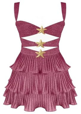 Acrawnni Women 's Y2K Sequin Mini Corset Dress Sleeveless Spaghetti Strap Hollow Tiered Ruffle Hem Bodycon Dresses Party Clubwear (A-Fuchsia, L)