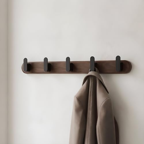 Jugen Coat Hooks Wall Mounted – Solid Black Walnut Wooden Coat Rack, 5 Matte Black Heavy Duty Hooks for Coats, Clothes & Bags, Hidden Mount Design - 45cm (No Drill Adhesive or Screw Fixing)