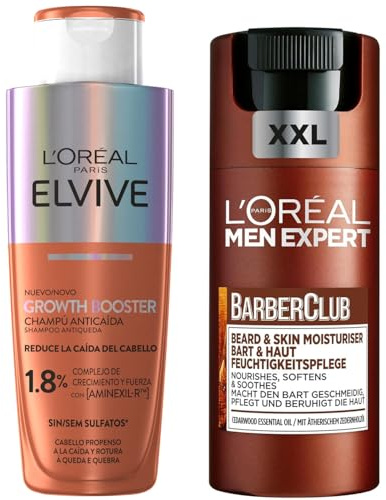 Rutina L'Oréal Men Expert Barber Club Crema Hidratante en Gel 2 en 1 para Piel y Barba XXL 100ml + Elvive Growth Booster Champú Anticaída 200ml