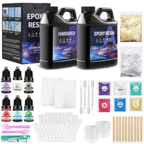 Kizaten Resina Epossidica Trasparente 1000 ml,1:1 Secondo Volume,Resina Epossidica Trasparente Contenente Pigmenti,Bastoncini di Legno,Guanti e Misurini per la Creazione di Gioielli Fai da Te