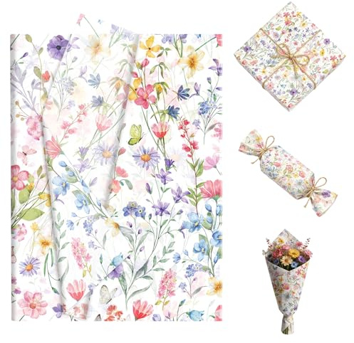 50 PCS Watercolor Floral Tissue Paper, High-Quality Tissue Paper Sheets for Packaging, Tear-Resistant Gift Paper Wrapping, for DIY Floral Bouquets, Craft Wrapping, and Gift Box Filling