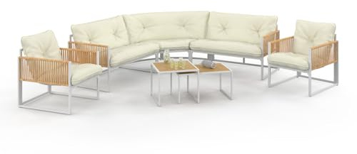 IDMarket - Salón de jardín bajo Rio 8 plazas salón esquinero | Estructura metálica blanca y cuerda efecto ratán, con cojines beige