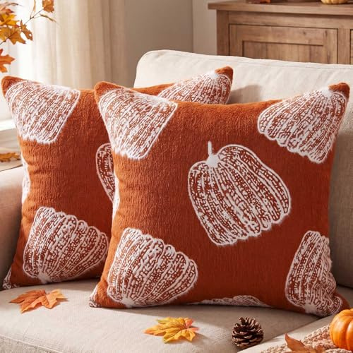 Benjia 2 Stycken Höst Örngott 45 x 45 cm, Höst Pumpa Kuddfodral Faux Mink Sammet Dekorativt Örngott för Soffa Bäddsoffa Vardagsrum Sovrum Halloween Thanksgiving Höstdekoration (Orange)