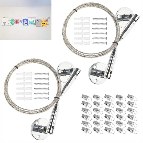 2 set fotorep bildrep 2 m, rostfritt stål 304 med 24 klämmor, justerbar spännlina upphängningssystem, väggdekoration för foton, barnbilder, vykort och anteckningar