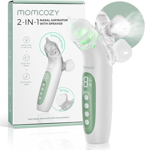 Momcozy BreezyClear™ 2-in-1 Electric Baby Nasal Aspirator with Spray | 65kPa Hospital-Grade Suction, 4 Levels, Low-Noise Nose Sucker for baby with Light & Music, Baby Shower & Registry Gifts