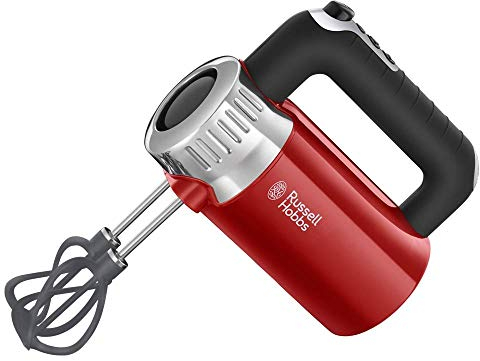 Russell Hobbs Handmixer [Handrührgerät] Retro Rot (4 Geschwindigkeitsstufen+Turbo, 2 Helix-Rührbesen aus glasfaserverstärktem Nylon für besseres Mixen + 2 Knethaken, BPA-frei) Handrührer 25200-56