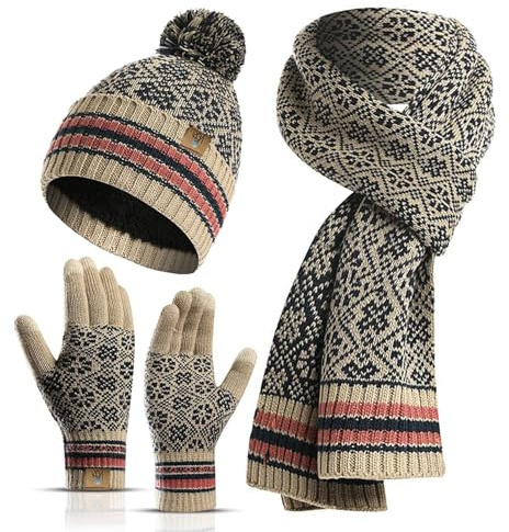 INSISMY Bonnet Écharpe Gants Ensemble pour Femmes Hiver Chaud Tricoté Chapeau avec Pompon Longue Écharpe et Écran Tactile Gants Set 3 PCS pour Femmes Filles