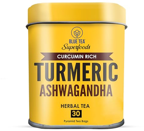 BLUE TEA - Turmeric Tea - Turmeric and Ashwagandha | 30 Count | Plant Based Biodegradable Tea Bag | Herbal Tea | caffieine-free | No Sugar | CURCUMIN RICH - HERBAL BLEND | Reusable Tin Pack