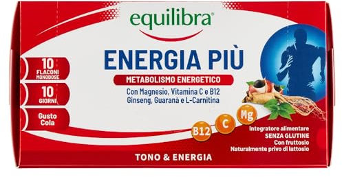 Equilibra Integratori Alimentari, Energia Più, Integratore con Magnesio, Vitamina C, Vitamina B12, Ginseng, Guaranà e L-Carnitina, Gusto Cola, Senza Glutine, 10 Flaconcini Pronti da Bere