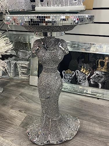 Biznest Silver Lady Mirrored Side Table Modern Plant Stands Bed Side Sparkle End Romany Pearl