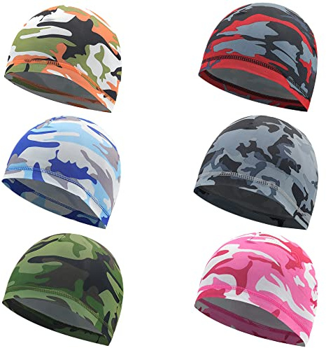 Sweat Wicking Skull Cap,Helmet Hard Hat Liner Camouflage Cooling Cap, Running,Cycling Cap, Outside Football Head Beanie for Men and Women Sports Exercise (6 PCS)