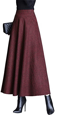 Artykey Gonna Lunga Donna Inverno Houndstooth Vita Alta Lana Maxi Gonna Vita Elastica Vintage Elegante Svasata A-Line Gonne Plissettata Casuale Festa B Red Wine L