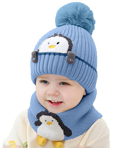 Rayson Gorros para Niño Niña Bebé Otoño Invierno Linda Pequeño pingüino Niños Gorro de Punto Acolchado y Bufanda Traje de 2 piezas(Azul)