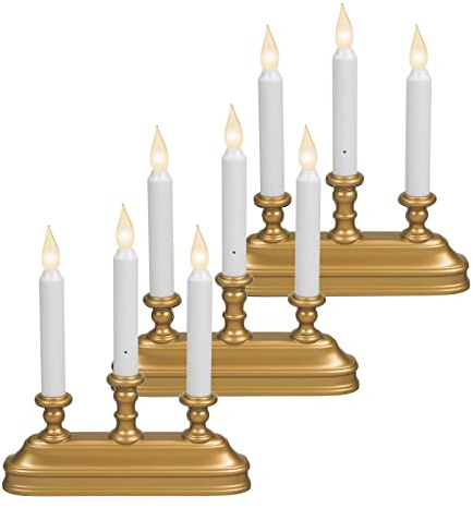 Xodus Innovations FPC1330B-3 Battery Operated 10 Window Candles with Tilt to Change Flame Color and Dusk to Dawn Light Sensor with 3 Candelabra Base (Pack of 3), Gold/Antique Brass