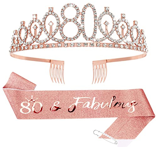 CIEHER 80th Birthday Crown + Sash + Pearl Pin Set, Elegant Gift for Women's 80th Birthday Party Decorations
