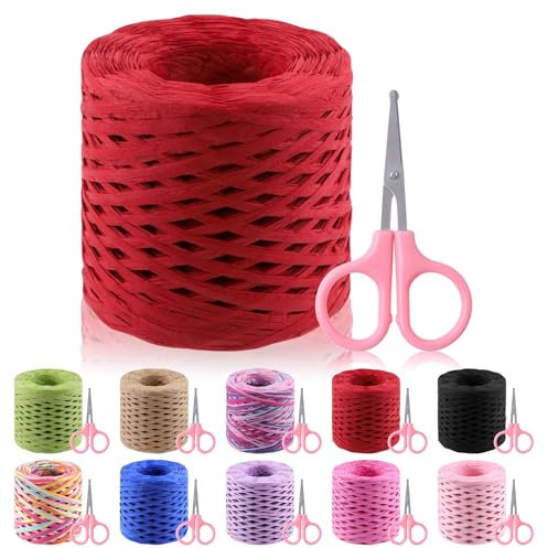 Glarks 200 m Bastband mit Schere Set, roter Bast, Papier, Bastelband, natürlicher Bast, Schnur, Kraftverpackungsband, Schnur für Geschenkverpackungen, Verpackung, Bastelbedarf