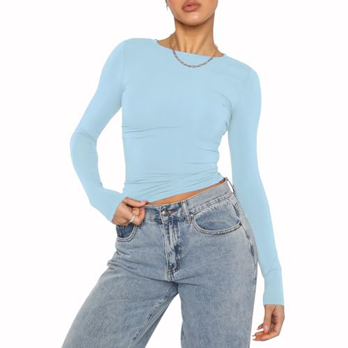 Women's Casual Crop Tops Slim Fit Top Crew Neck Long Sleeve Tight T-Shirt Basic Blouse Tee Tops(Sky Blue-9,S)