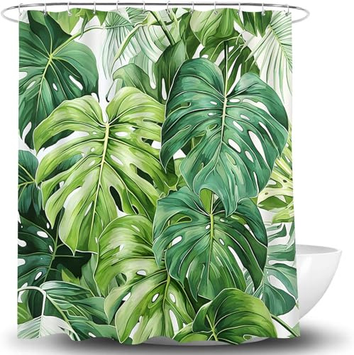 Duschvorhang 120x200 cm Monstera Deliciosa 3D Duschvorhänge Grün Shower Curtains Textil Anti Schimmel Wasserdicht Dusch Vorhang für Badewanne Polyester Stoff Waschbar Bad Vorhang mit 8 Haken G1060
