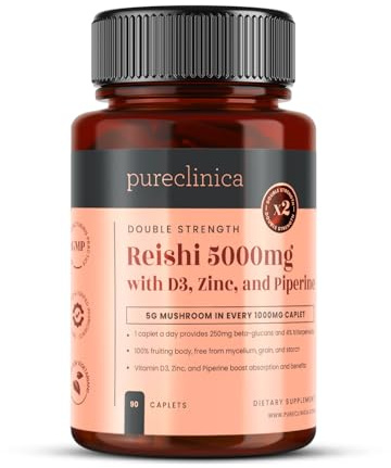 Double Strength Reishi Mushroom 5000mg x 90 Caplets (3-Month Supply) –– with Vitamin D3, Zinc & Piperine for Enhanced Absorption – 100% Fruiting Body, No Mycelium or Fillers