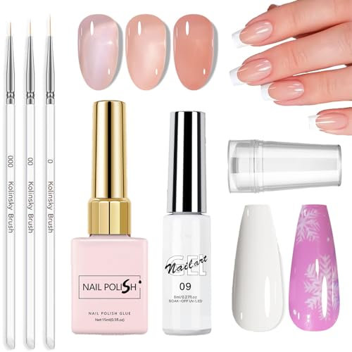 French Manicure Kit - French Tip Gel Polish Jelly Gel Polish - French Tip Stamp with 2Pcs White & Nude Nail Polish Nail Art Tools - french gel Nail Polish Set with Nail Drawing Pen