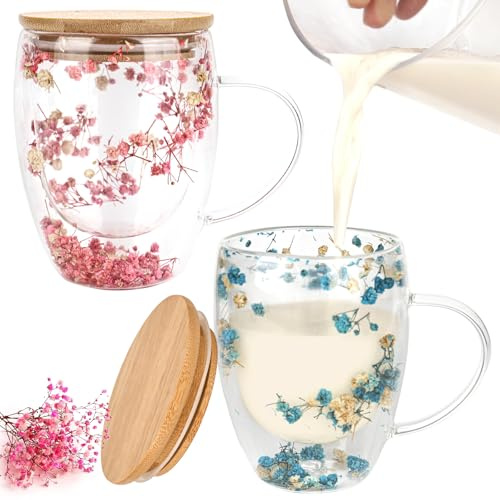 bssmmai 2 vasos de doble pared para latte macchiato con cuchara, 350 ml, vasos de capuchino de doble pared con tapa, vasos térmicos de doble pared con asa, vasos térmicos con flores secas (rosa, azul)